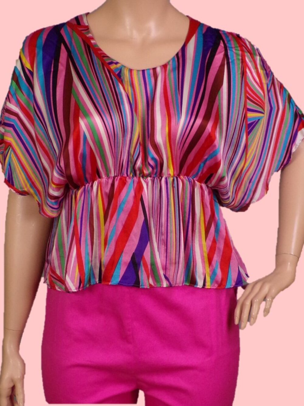 SILK! LINE & DOT size L multicolor striped short-sleeve cold-shoulder tunic top